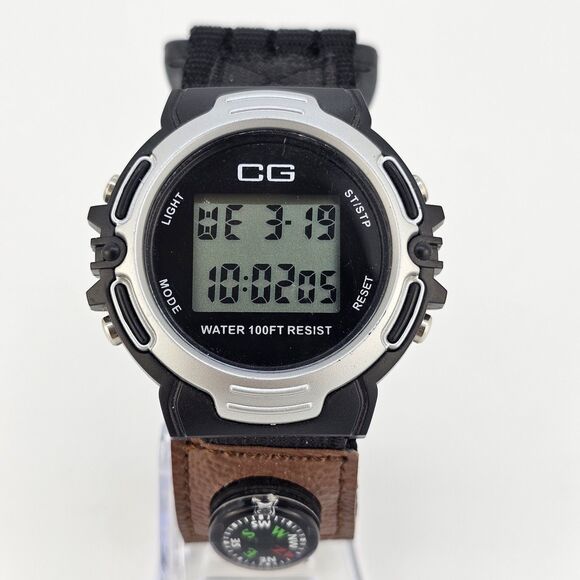 CG Digital Watch 45MM Black Gray Case Black Brown Nylon Band Compass New Battery - Picture 2 of 14